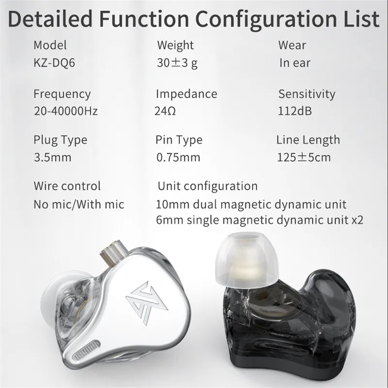 KZ DQ6 Wired Earphones 3DD Dynamic Driver Headphones HiFi Bass Music Earbuds Noise Cancelling Sport Headset PK ZS10 ZSN Pro ZAX