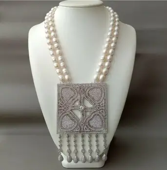 

Fashion jewelry Free Shipping Hand knotted 2strands 10-11mm rice white freshwater pearl necklace big square micro inlay zircon