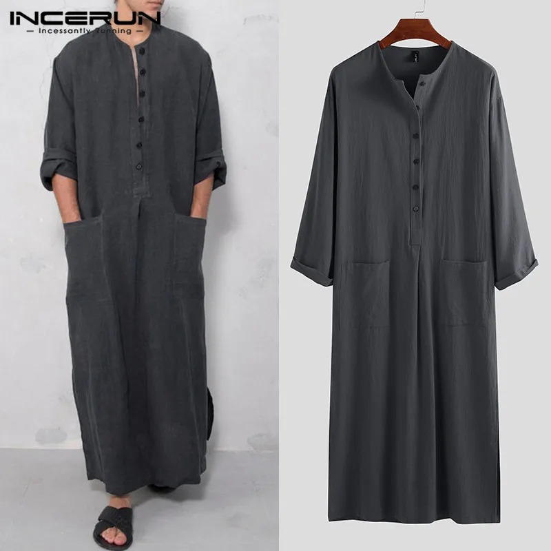 

INCERUN 2019 Men Islamic Arabic Kaftan Muslim Long Sleeve Pockets Plain Abaya Dubai Saudi Arabia Jubba Thobe Vintage Mens Robes