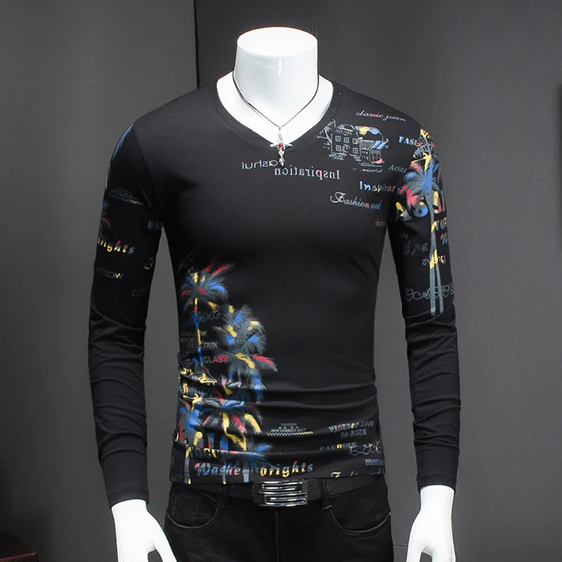 Goede 2019 Nieuwe Fashion Coconut Eiland T shirt Mannen Nieuwe Collectie V hals Lange Mouw T shirt Mannen Slim Toevallige Heren katoen Tee shirt 5XL