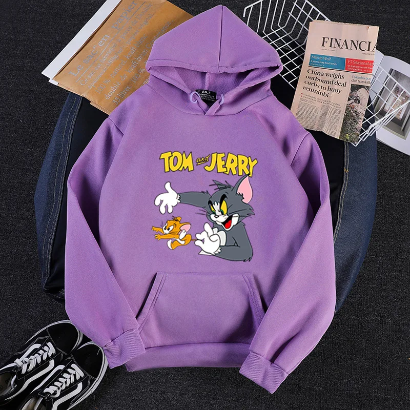 Женская толстовка с капюшоном Tom& Jerry, шапка, пуловер, мультяшная Милая толстовка с капюшоном, спортивный костюм Harajuku, эстетическая толстовка с капюшоном большого размера