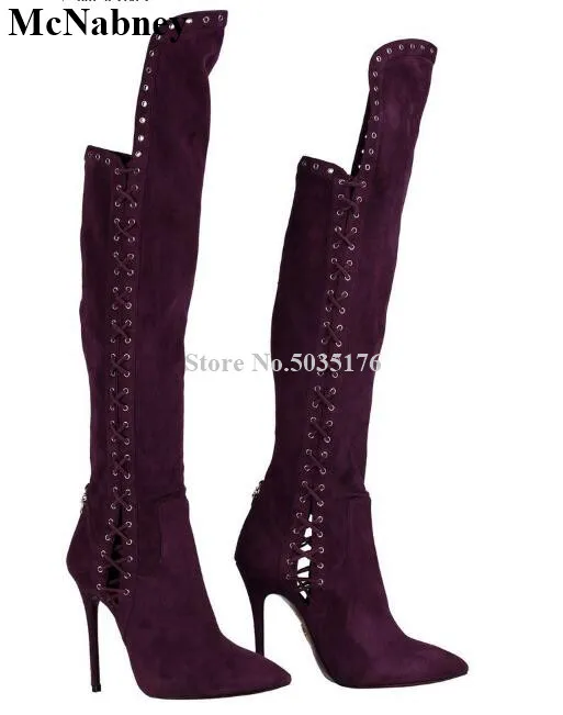 

McNabney Women Long Boots Cross-tied Lace-Up Irregular Pointed Toe Knee High Lady Boots Stiletto Heel Fashion Solid Women Shoes