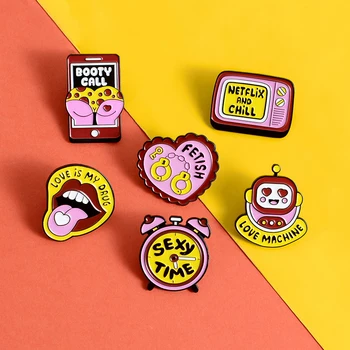 

NETFLIX AND CHILL enamel pins brooch sexy time fetish booth call love is my orug Love phone clock Lapel pin badges jewelry gifts