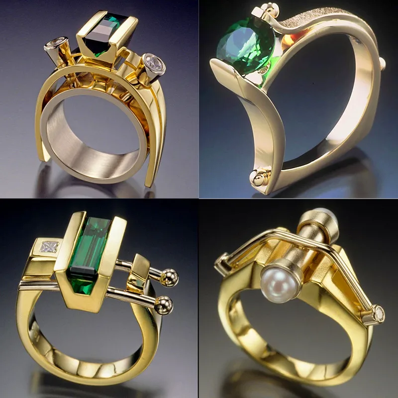 

Luxury Female Crystal Green Stone Ring Fashion Yellow Gold Finger Ring Vintage Party Wedding Rings For Women