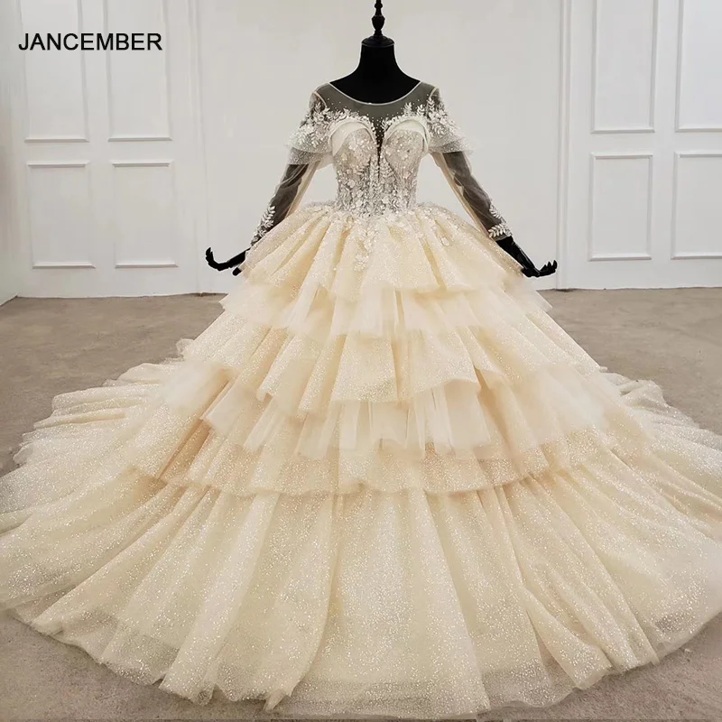 HTL1286 Luxury Wedding Dress O Neck Long Sleeves Tiered Flower Ball Gown Lace Up Illusion Glitter ชุดเจ้าสาว | Свадьбы и
