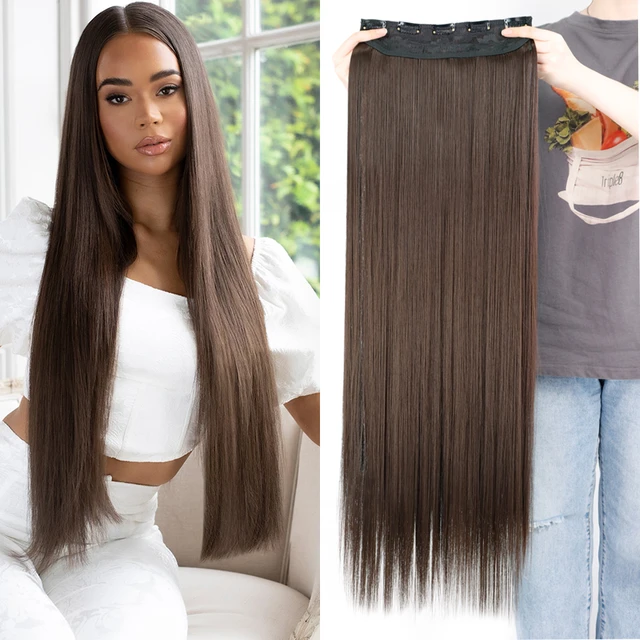 XINRAN Synthetic Long Straight Hairstyles 5 Clip In Hair Extension  22Inch/32Inch Heat Resistant Hairpieces Brown