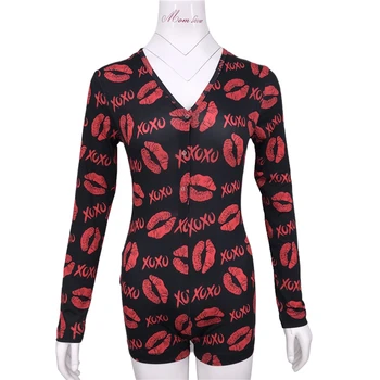 

NEW 2020 Sexy Women Onesies Pajamas Bodysuit Long Sleeve Deep V Neck Bodycon Stretch Leotard Top Button Short Sleepwear S-XXL