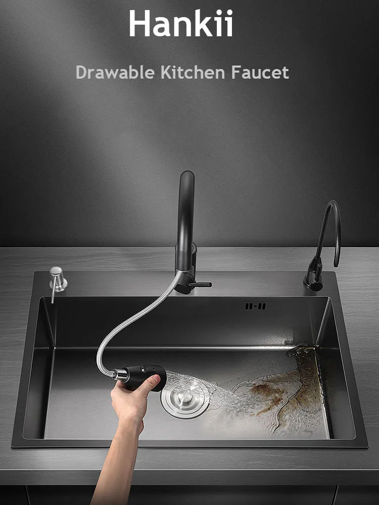 60cm Pull-out Kitchen Sink Faucet Single Hole Multifunction Hot And Cold Mixer Tap For Pure Water Midnight Black Stainless Steel