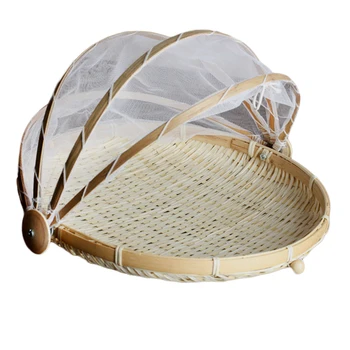 

Bamboo Weaving Tent Basket Foldable Dustproof Food Serving Storage Basket Hamper