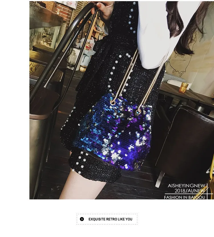 

2019 Cool Sequin Fashion CHIC Metal Chain Shoulder Bucket Bag Japanese Korean Spring New Style Versatile Shoulder Bag