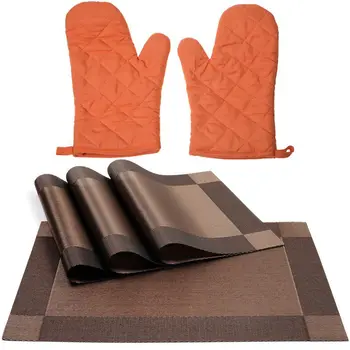 

1 Pair Kitchen Craft Heat Resistant Cotton Oven Glove with Crossweave Woven Vinyl Non-Slip (Brown,4Pcs Placemats)