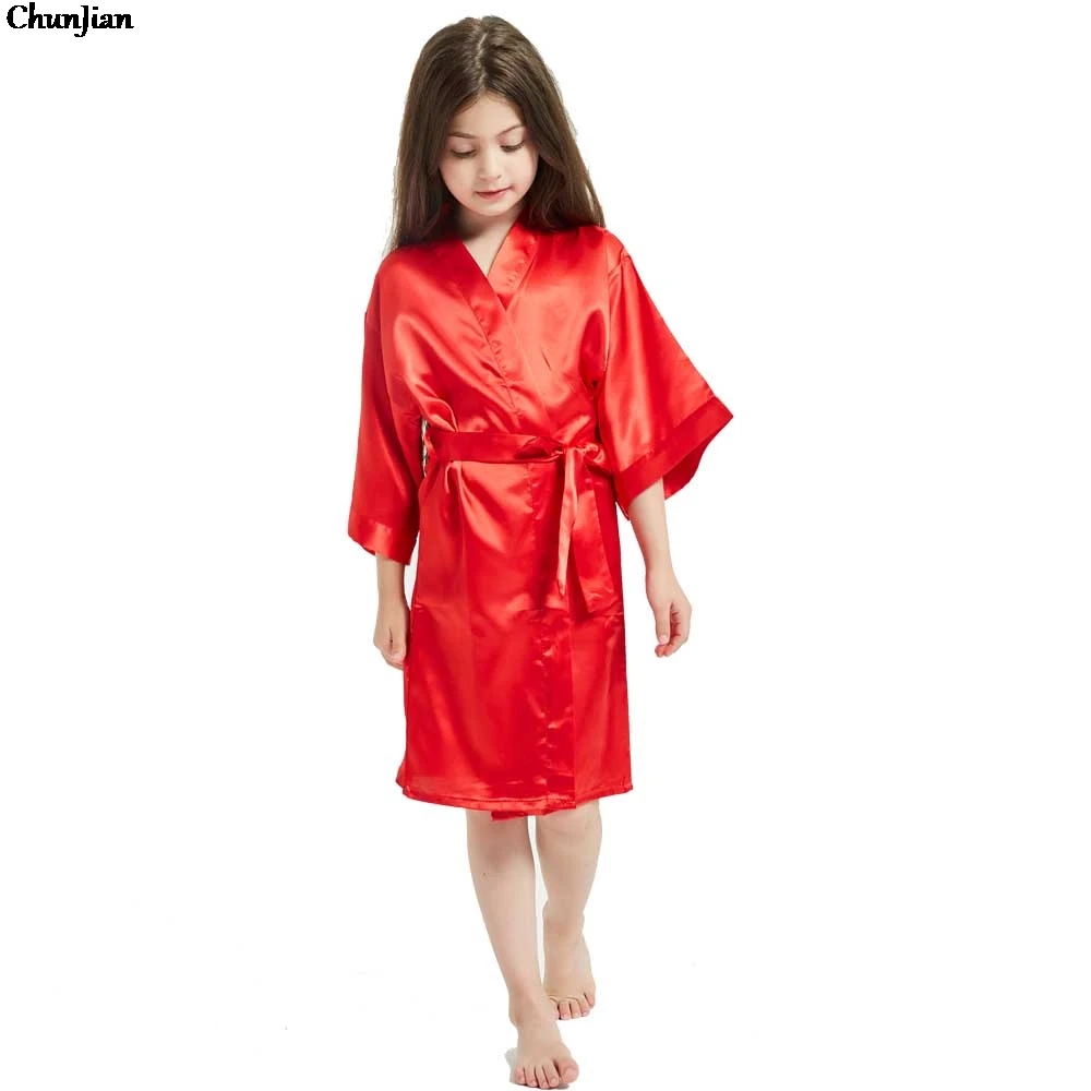 Teens Girls Satin Pajamas Children Solid Silk Satin kimono Robes Girls Bathrobe Sleepwear for 8 10 12 14 Years Spa Wedding Robes