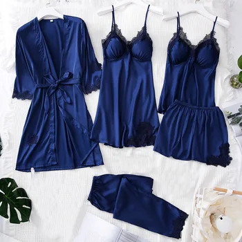 

SIMISI 5-piece Pajamas Set Faux Silk Solid Lace Sexy Sleepwear Spaghetti Strap Built-in Chest Pad Satin Robe Sets Home Clothes