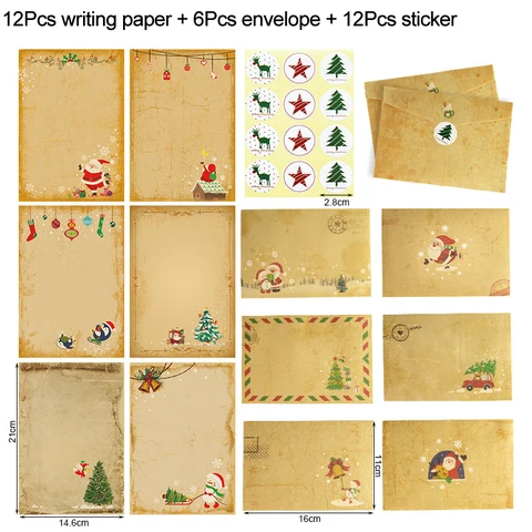 Vintage Christmas Kraft Letter Paper Santa Claus Snowman Letter Pad Gift Invitation Greeting Card with Envelopes Xmas Party