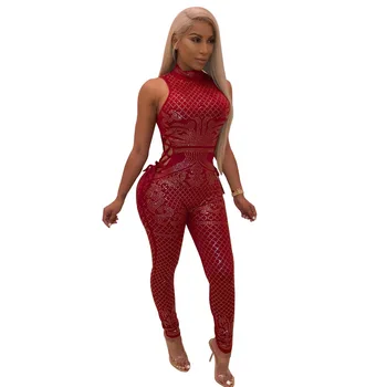 

Stand Collar Sleeveless Geometry Rhinestone Hollow High Waist Jumpsuit Spring New 2020 Women's Jumpsuit