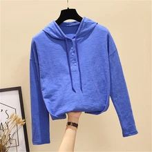 2020 Women Spring Autumn Thin Hooded T-shirt Casual Loose Solid Color Button Long Sleeve T Shirt Female Plus Size Tee Tops