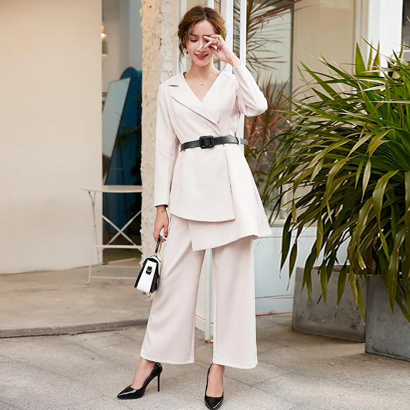 Ellacey Autumn New Women's Suit Slim Irregular Long Blazer Women's Pantsuit Elegant Office Lady Blazer Set