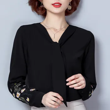 

New Autumn Fashion Women Tops and Blouses Long Sleeve V-Neck Embroidery Elegant Chiffon Shirts Office Ladies Clothing Blusas