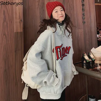 

Hoodies Women Letter 2020 Oversize Thicker Winter Students Pocket Hooded Couple Harjauku Streetwear Womens Pullover Leisure Gray