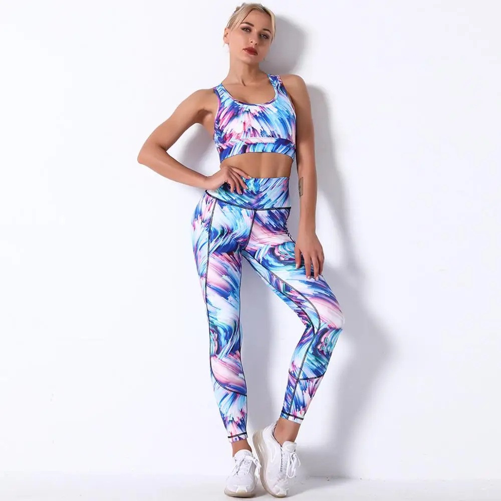 

Hot Selling Digital Printing Sportswear Yoga Set Shockproof Gather Gym Bra Exercise Top Fitness Legging For Women