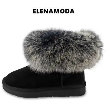 

Fashion Top Cow leathe Black gray 100% Natural Big Fox Fur Women Snow Boots Warm Winter Boots Slip-On Ankle Female Fur Boots