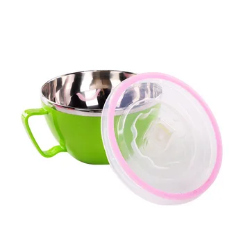 

600ml Noodle Bowl With Lid Handle Stainless Steel Plastic Leak-Proof Food Container Bowls LB88