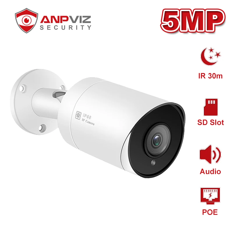 IP камера Anpviz POE Bullet 5 Мп со слотом для аудио SD карты наружная IR 30m IP66 ONVIF H.265 P2P|Камеры
