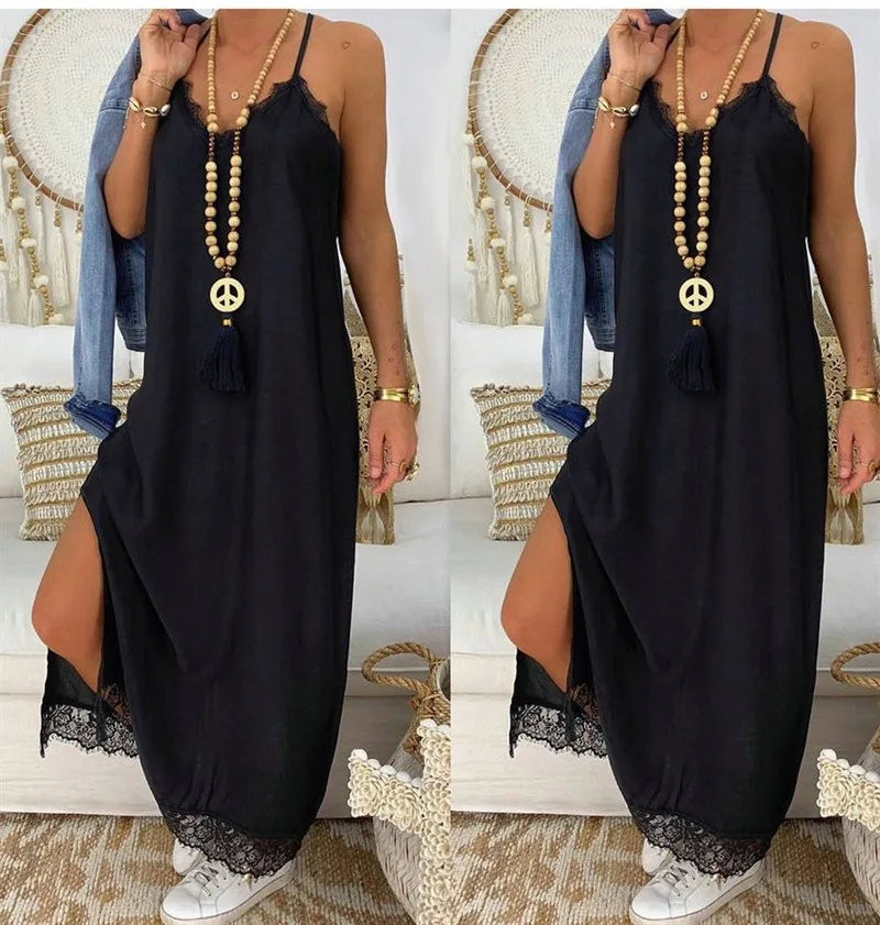 

Ladies Sexy Lace Spaghetti Strap Long Dress Women Summer Sling Solid Party Dress Vestidos Verano 2019 Robe Longue Femme -85