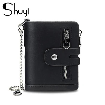 

Autumn RFID Anti-Theft Swipe Men's Wallet Three-Fold Multi-Card Slot Retro Genuine Leather Coin Purse Small Chain Card Package