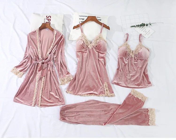 Золотая Бархатная теплая зимняя пижама из четырех частей, сексуальные женские кружевные пижамы, Дамский домашний костюм без рукавов, пижамный комплект