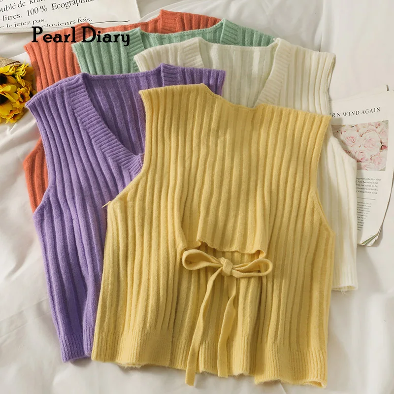 

Pearl Diary Sweet Bowknot Strappy Short Women's Sweater Slim Knitted Tank Crop Top Sleeveless V-Neck Vertical Stripes Vest