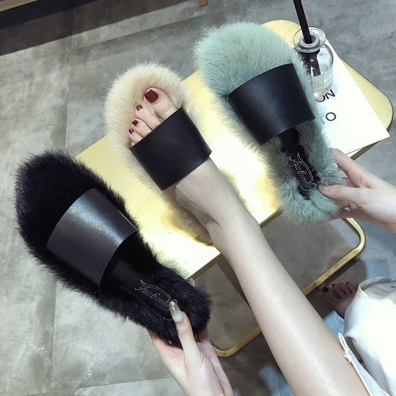 

Furry Mules slip on flipflop outside open toe student rabbit hair woman shoes winter home flat slippers autumn fluffy fur slides