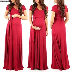 Платье с v-образным вырезом и коротким рукавом; платья для беременных; элегантные вечерние платья для беременных; длинное платье для
