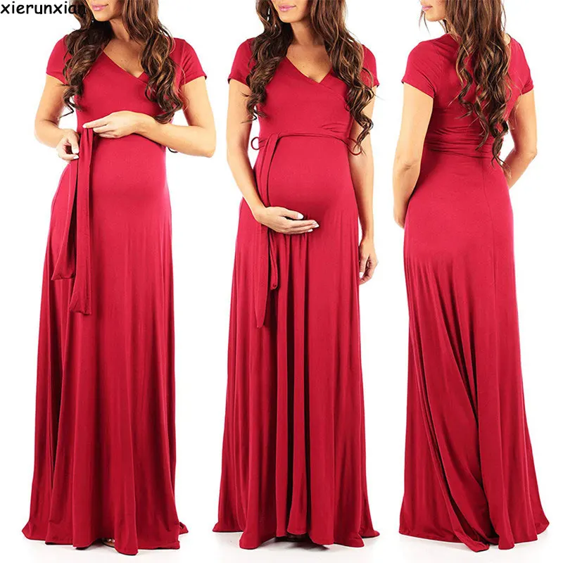 

V-neck Short Sleeve Dress Pregant Sashes Solid Maternity Dresses Elegant Pregnancy Dresses Party Long Dress For Pregnant Woman