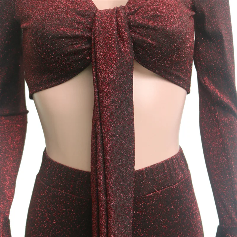 Роскошный блестящий топ со стразами и расклешенными рукавами комбинезон с