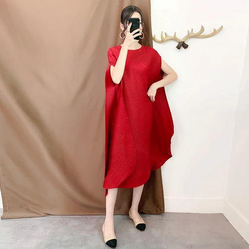 Wine Red Miyake Плиссированное свободное платье рукава накидки А-силуэт тонкий элегантный дизайн женские модные платья до середины икры сплошное платье с круглым вырезом - Цвет: Wine Red