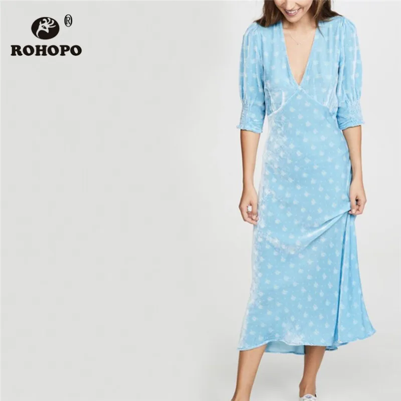 ROHOPO Sky Blue Velvet Elegant Midi Dress Round Collar V Neck Half Sleeve Smocking Cuff Flared Hem Autumn Soft Vestido #9160 | Женская