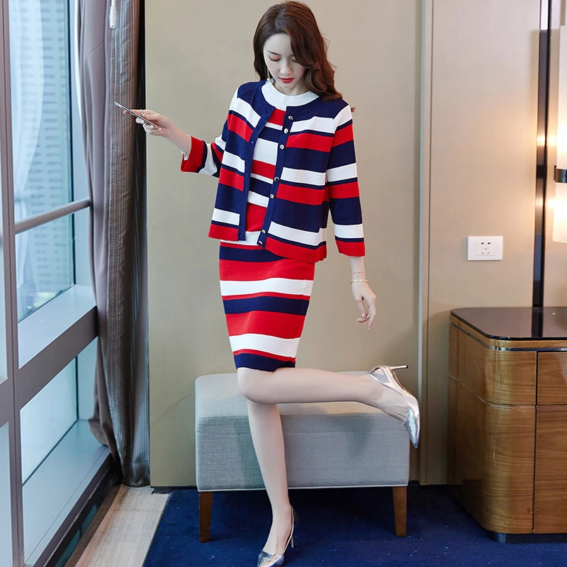 Knitted Striped 3 Pieces Set Women Single-Breasted Cardigan+ Short Sleeve Pullover Tops+ Bodycon Skirt Suit Women's Sets