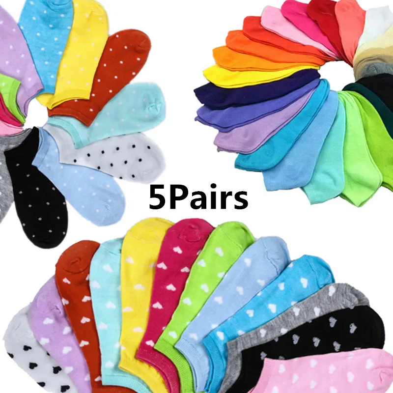 10pcs/5Pair Spring Summer Female Heart Dot Solid Low Cut Socks Short Socks Women
