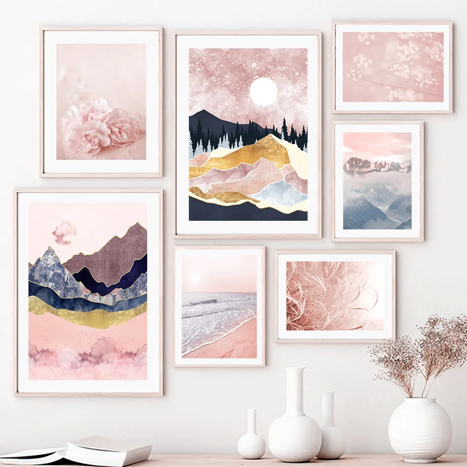 

Abstract Sun Mountain Flower Wall Art Canvas Painting, Girl Sea Reed Landscape Posters, Prints, Pictures for Living Room Decor