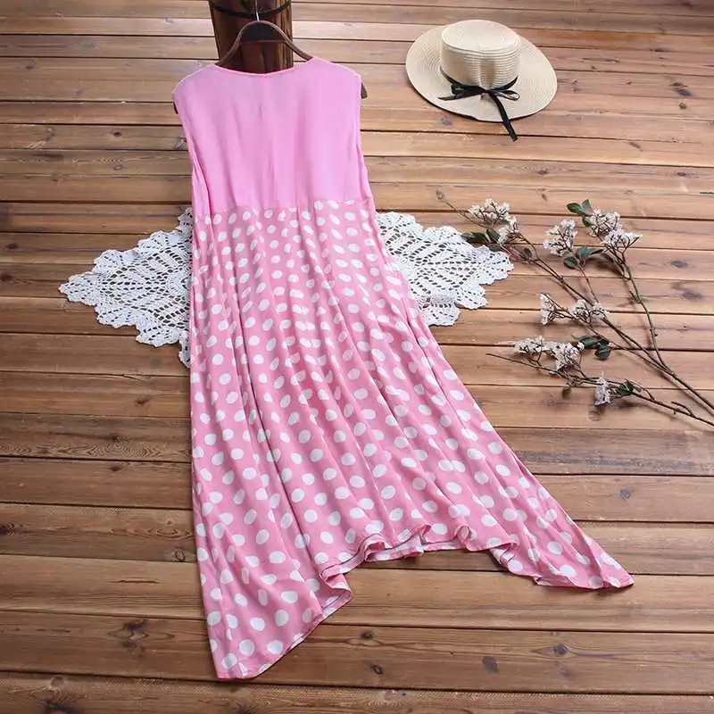 Summer Sundress ZANZEA Women Sleeveless Polka Dot Printed Beach Dress Casual Pacthwork Long Vestido Femme Robe Tanks Dress