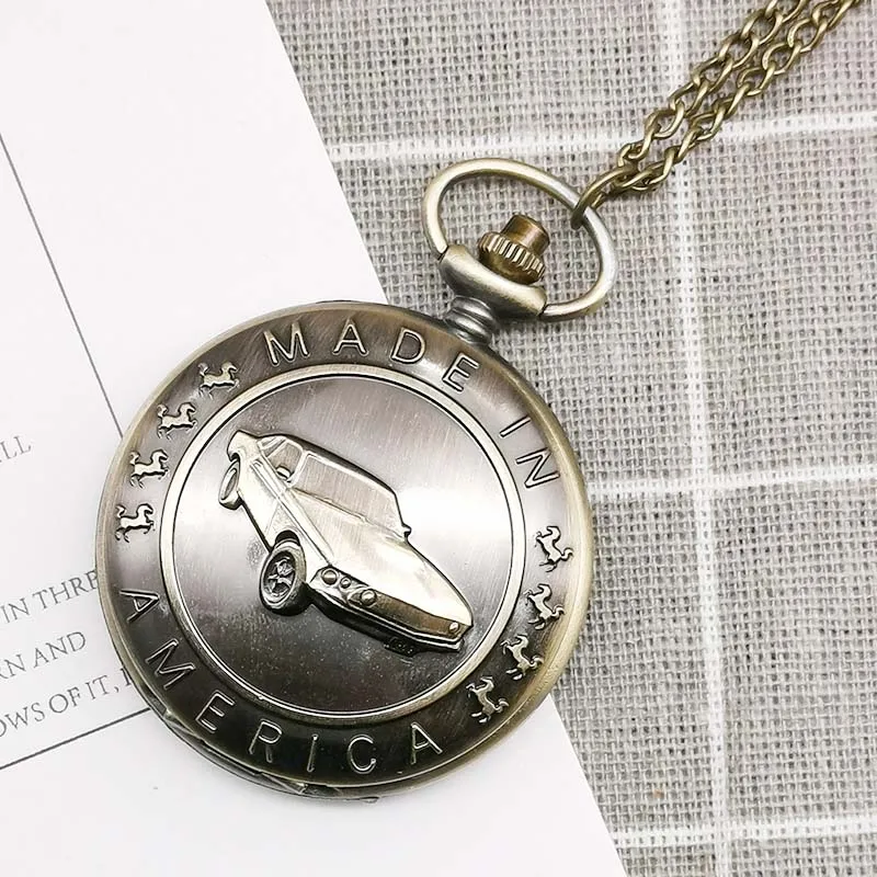 Antique-Car-Pocket-Watch-Classic-Mustang-Sedan-Made-In-America-Carving-Pendant-Chain-Cool-Men-Clock