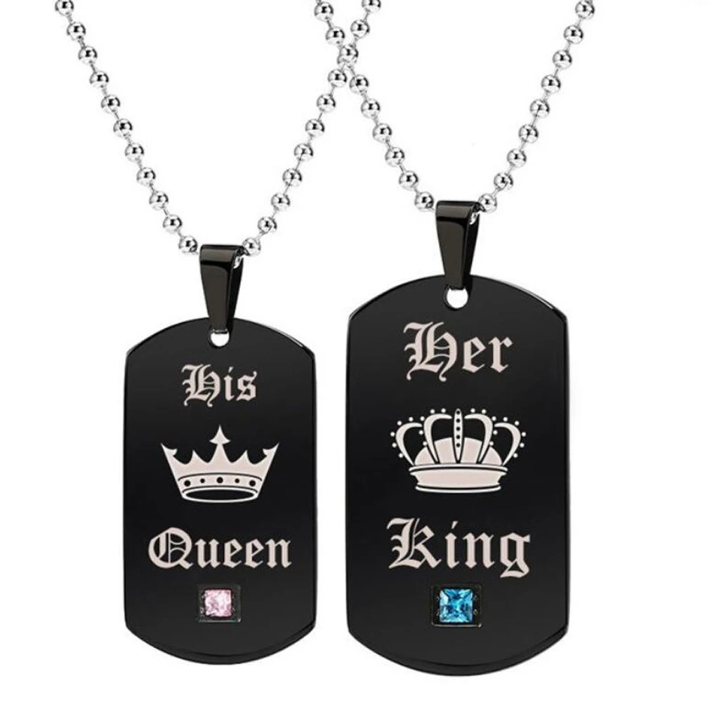Black Stainless Steel Tag with Crown Couple His Queen Her King Pendant Ball Chain Necklace