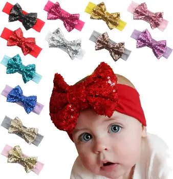 

500pcs Infantile Girls Big Sequin Bow Headbands Solid Elastic Hair Band Large Gold Glitter Hair Bow
