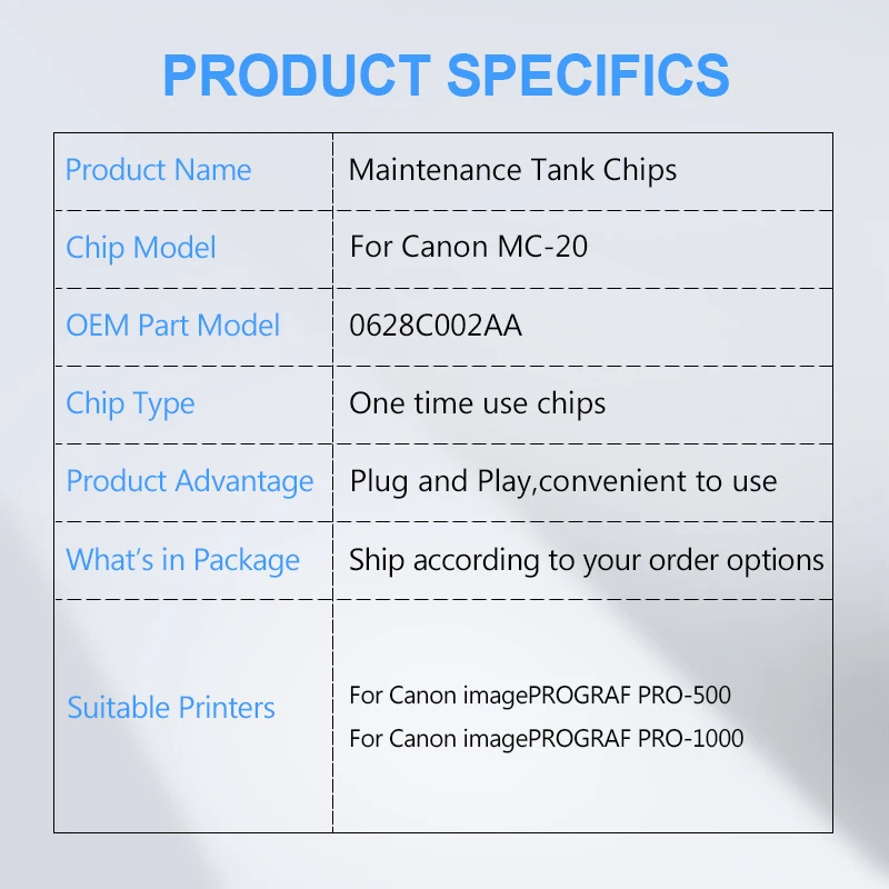 For Canon MC-20 Maintenance Tank Chip 0628C002AA For Canon imagePROGRAF  PRO-1000 PRO-500 Printer One Time Use Chip