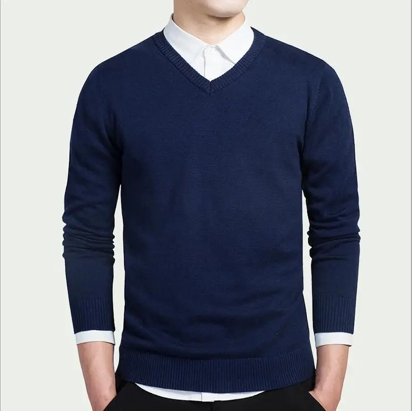 Мужской модный бутик чистого цвета хлопковый кардиган с v-образным вырезом формальный деловой вязаный свитер мужской свитер - Цвет: Dark Blue
