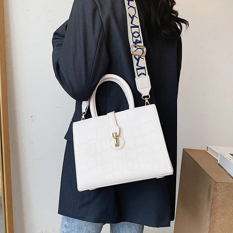 

White Bag for Women 2020 Trend Purses and Handbags Stone Pattern Leather Shoulder Tote Bags Female Wide Strap Messenger Bags