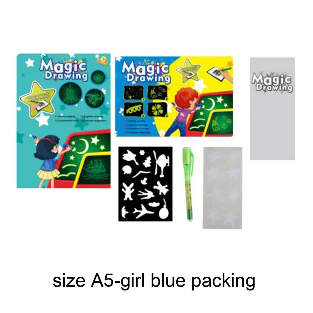 Лидер продаж, волшебная доска для рисования, набор, Детская забавная игрушка, рисование, светильник, для ночного письма, обучающая, фосфоресцирующая, для детей, A3, A4, A5, размер - Цвет: A5 girl blue