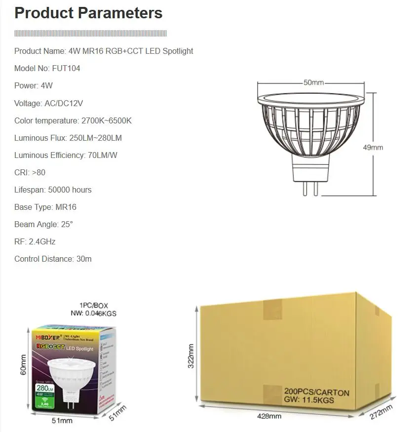 Description Picture 3 of itemMiboxer FUT103 FUT104 Dimmable Mi boxer 2.4G 4W GU10/MR16 RGB+CCT WW/CW color LED Spotlight bulb lamp for indoor home decoration