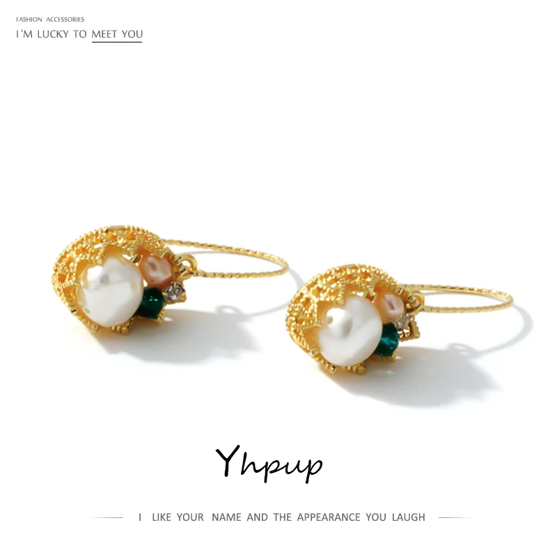 

Yhpup Vintage Elegant Natural Pearls Crystal Dangle Earrings Copper 16 K Crown Earrings Female Party Pendientes Mujer Moda 2020